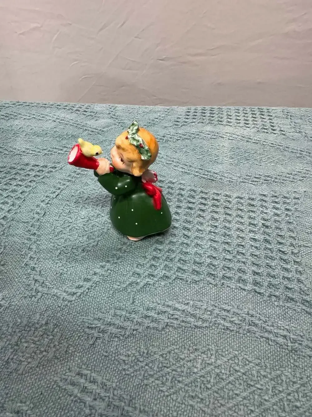 Vintage Lefton Christmas Angel Figurine Green Dress Playing Horn with Bird
